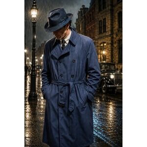 Vintage London Fog Navy Trench Coat 44R Zip Out Liner Double Breasted Spy Coat